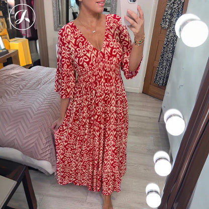 🔥LAST DAY SALE 50% OFF💖Bohemian casual print V-neck waist wrap long dress🌸