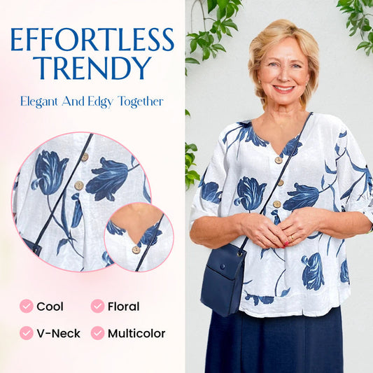 🎉HOT SALE 49% OFF💐Women's Printed Linen V-Neck Loose Top