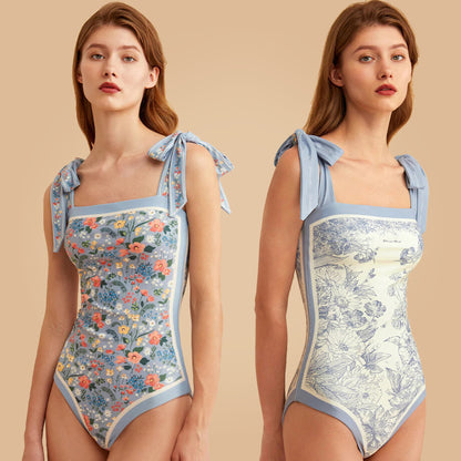 👗2025 Hot Sale New 50% Off✨ Reversible Tie-Strap Floral Print One-Piece Swimsuit🩱💕