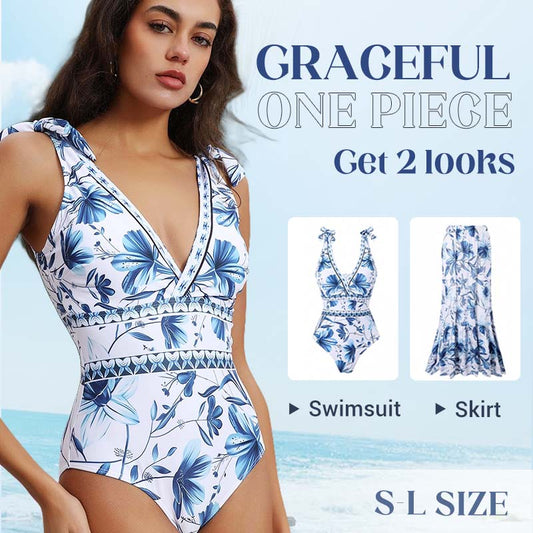 💥 Special Sale 50% OFF💥 V Neck Lace Up Printed One Piece Swimsuit and Skirt