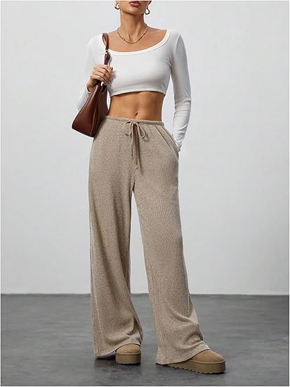 🌸Women's Wide Leg Ribbed Knit Pants Drawstring Waist Low Rise Casual Long Trousers