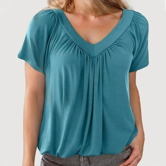 🎁Hot Sale 50% OFF⏳Women's Casual Pleated V-Neck Short-Sleeve Top