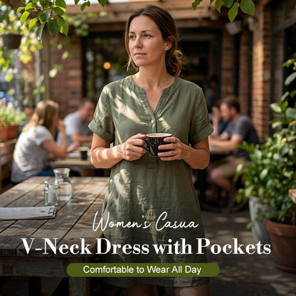 🏖️50% OFF!Only ￡13.99!!🔥Limited Time👗Women's V-Neck Tunic Dress – Relaxed Fit, Pockets & Breathable🍃