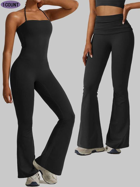 ✨New Style Lowest Price💥Women's Solid Backless  Halter Neck Sports Tummy Control Jumpsuit
