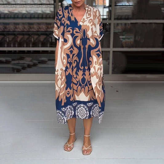🌺Summer Discount 50% OFF!!🔥Printed V Neck Loose Midi Dress💃