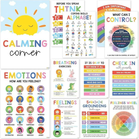 🎁Last Day 50% OFF🔥12 Calming Corner Classroom Posters - Feelings Wheel Chart & Emotions Poster For Kids