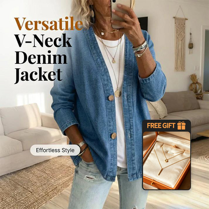 🧥 Last Week Special Price:£ 25.99✨ Women's Classic Button Front Denim Jacket – V-Neck, Breathable Fabric & Relaxed Fit 💙