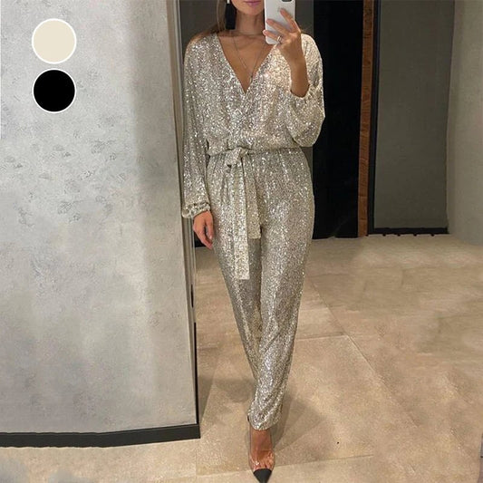🎁Christmas Sale - 50% OFF💕Women's Sparkly V Neck Belted Jumpsuits