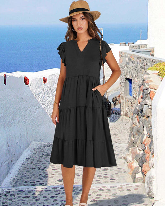 ✨Summer Hot Sale 🌸Ruffle Sleeve V-Neck Tiered Midi Dress