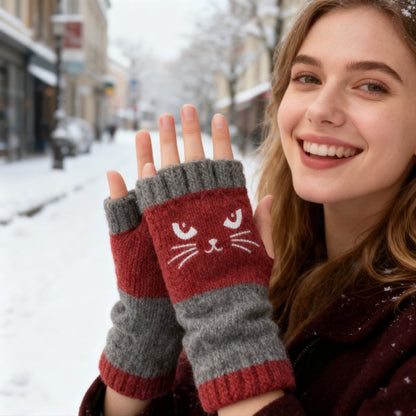 🎉Christmas Sale - 50% OFF🔥Women's Knitted Fingerless Gloves with Cute Cat Pattern
