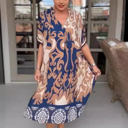 🌺Summer Discount 50% OFF!!🔥Printed V Neck Loose Midi Dress💃