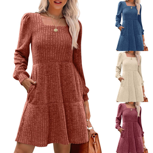 💖LAST DAY PROMOTION - 50%OFF 💖 Women's Square Neck Lantern Sleeve Ribbed Dress|Glow in Autumnal Elegance!🍁