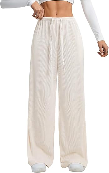 🌸Women's Wide Leg Ribbed Knit Pants Drawstring Waist Low Rise Casual Long Trousers