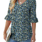 💕Limited time sale 50% off👚Womens 3/4 Length Sleeve V-Neck Eyelet Casual Ruffle Sleeve Tunic Blouses