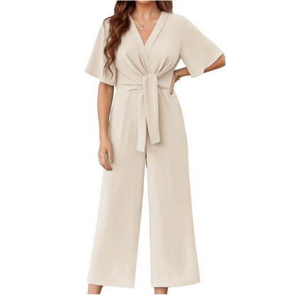 ⏰LAST HOT SALE 49% OFF!!💖Women's Elegant V-Neck Wide Leg Waist Tie Jumpsuit
