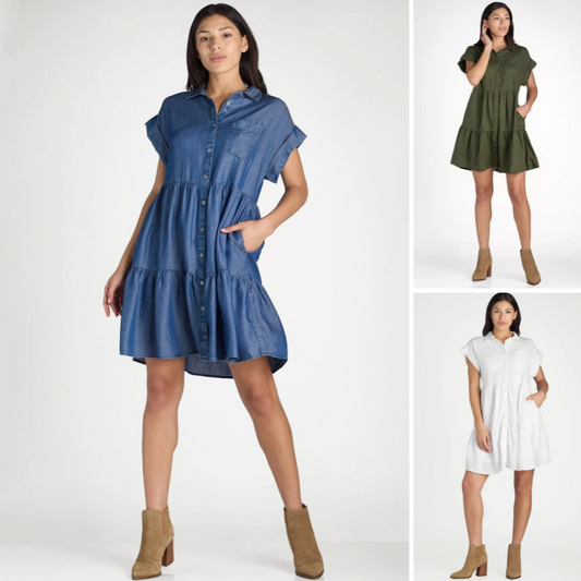 💕Summer New💕Lapel Short Sleeve Pleated Button-Down Dress - Stylish & Elegant