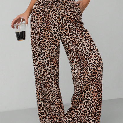 ✨New Style🔥Women's Leopard Print Tie Front Pocket Straight-leg Wide-leg Pants🐆