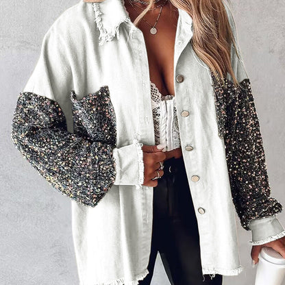 🔥Hot Sale 50% Off⏳Women's Trendy Sequin Patchwork Coat with Raw Hem
