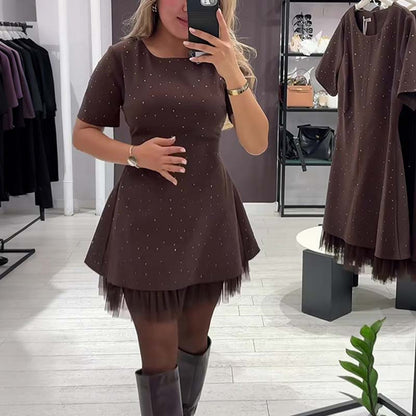 🔥Hot Sale Offers-💃Women’s Sparkling Lace Trim Short-Sleeve Mini Dress | Elegant & Shimmering