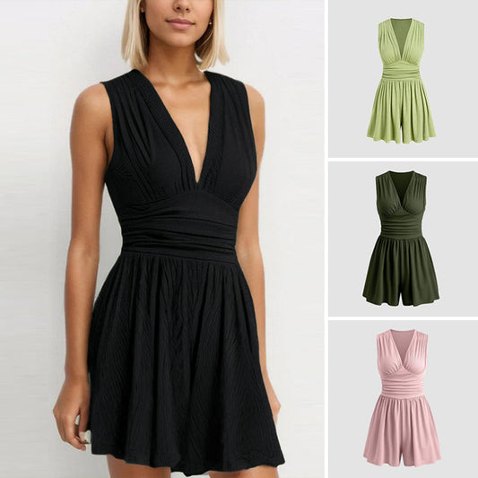 🥳2026 HOT SALE🥳💞50K+ SOLD!👗🌸 50% OFF! V-Neck Ruched Waist Romper – Sleeveless & flattering, pleated waist defines curves. Soft & breathable, perfect for sunny days. Sizes S-2XL. Your effortless summer go‑to. 🦋✨