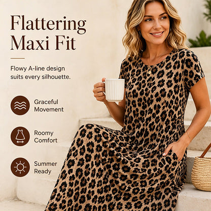 🎁2026 New Arrivals 50% OFF💥Women's Leopard Print Maxi Dress with Pockets Casual Short Sleeve Long Dress